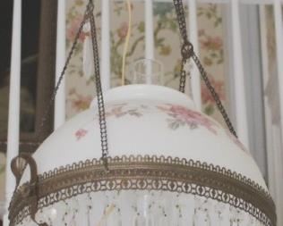 251 - Vintage hanging fixture with prisms painted shade 27 1/2 tall
