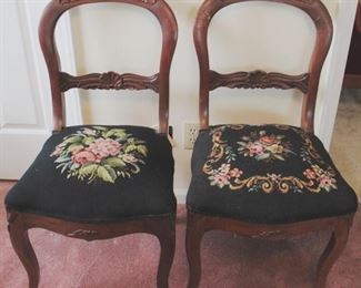 370 - Pair Victorian fruit carved chairs, needlepoint 33x15.5x16.5
