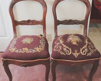 371 - Pair Victorian fruit carved chairs, needlepoint
