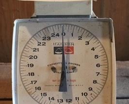 454 - Hanson kitchen scale, vintage - 8 x 6.5
