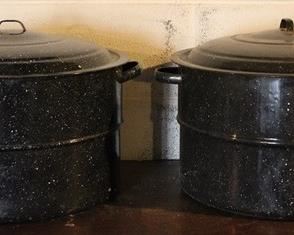 479 - 2 Enamel canning pots with lids 10"
