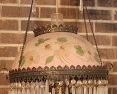 480 - Vintage hanging fixture with prisms painted glass shade 33.5" tall
