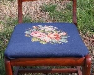 517 - Needlepoint seat mahogany rose carved chair 32 x 17.5 x 16.5
