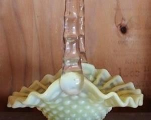 563 - Fenton yellow opalescent hobnail basket 7"
