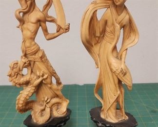 https://www.ebay.com/str/agesagoestatesales IR9136 Lot of 2 Chinese Resin Carved Fighting Warrior w a Dragon Woman w Stork
