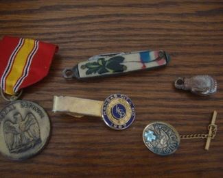 Vintage medal, KC police tie bar, small pocket knife