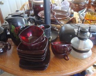 Ruby glass dishes, brown Marcrest stoneware lazy Susan