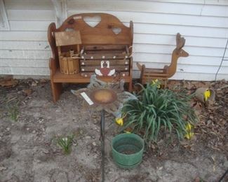 pine bench, wooden wishing well, yard art