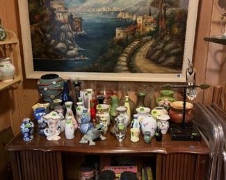 old puzzles, vases galore and kitschy art