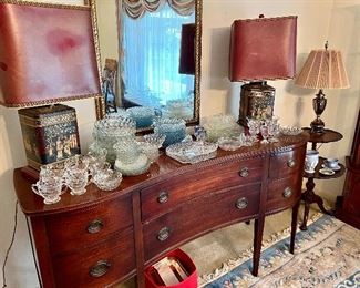 Buffet, Blue Anchor Hocking Bubble Glass & Clear Bubble Glass, Vintage Asian lamps 