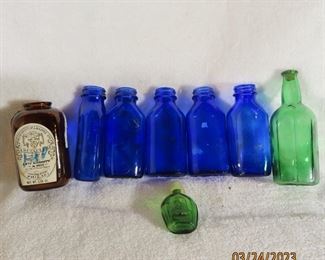 8 Bottles-5 Colbalt Blue-Snuff Bottle-8 Sided Green Bottle-Ben Franklin Bottle 