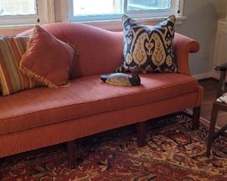 vintage Victorian Camel-Back Sofa, side chair, rug