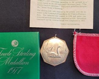 Towle Sterling Silver Medallion 1977 featuring Seven Swans A Singing with original box, pouch, and Certificate of Authenticity 