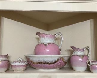 Vintage Pink/White/Gold Water Basin with 4 Matching Pieces.  $175 or Best Offer. 