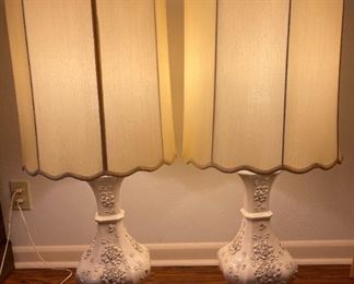 Ceramic Floral Table Lamps Vintage Pair MCM White 70’s Mid Century Modern. Measures 37” tall with shade x 8” wide at widest point on lamp and a 15” shade diameter.                                                                                              $750 or Best Offer. 
