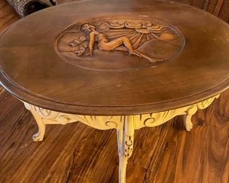 Unique Oval wooden carved lady occasional glass top side table. In Person Pick up. 
Dimensions: 25.5"W x 18"D x 19"H.                                           $125 or Best Offer. 