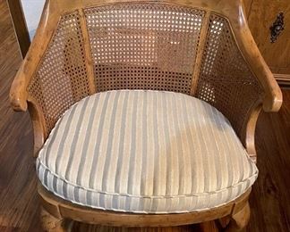 Traditional Wooden Round Arm Chair with Fabric Cushion. In person pick up only. 
Dimensions: 29 5/8" H x 25 3/4" W.                                               $325 or Best Offer. 
