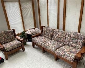 Chunky Solid Wood Framed Sofa And Chair w/ Floral Pattern Cushions