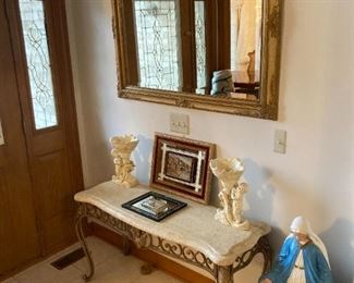 SPIRITIAL STATUE SOLD!
Large Antique Gold Formal Bevel Mirror. Elegant Marble Composite Cocktail Table w/ A Solid Wrought Iron Refine Scroll Edge Base, Plaster Cherub Base Bowl Home Décor