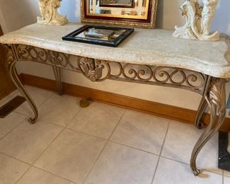 Elegant Marble Composite Cocktail Table w/ A Solid Wrought Iron Refine Scroll Edge Base