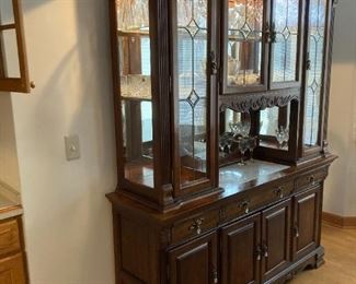 Solid Wood China Cabinet Has Diamond Insert Lead Beveled Glass Front Window Doors, Peek-Boo Beveled Side Windows Amble Storage Cabinets, Marble Insert, and Inner Cabinet Lighting