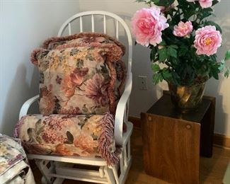 White Glider Rocker, Floral Arrangement, Complete Queen Bed Size Comforter Set