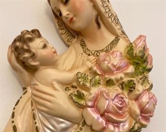 Vintage Plaster Hand Painted Ferruzzi Madonna and Child Wall Plaque Relief