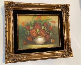 Gold Ornate Black Rim Framed Floral Painting