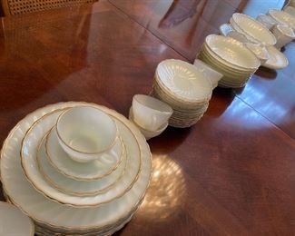 Fire King White Milk Glass Swirl Gold Rim Dinnerware Set w/ Extended Serving Pieces