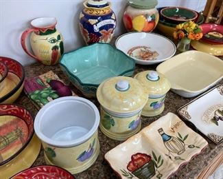 Assortment Hand Painted Ceramic Bowls, Canisters, Trays, Bowl Sets, And Pitcher