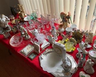 Assortment Variety Of Home Decorative Accessories Of Figurines, Glassware, Candle Holders, Table Clocks, Crystal Vases, Plated Service Trays, Frames Etc.