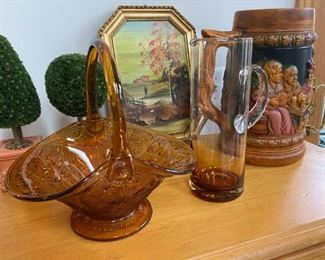 Vintage Amber Fenton Basket Bowl, Mega Ceramic Stein, Color Glass Pitcher, Italian Hand-painted Frame Scenic Art