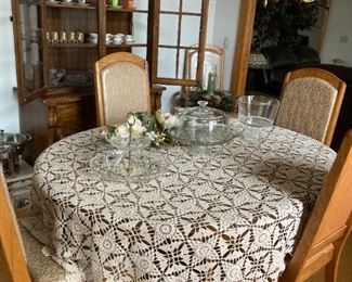 Dining Room China Cabinet w/ Window Front Doors & Peek-Boo Side Windows A Beautiful Collection Of Vintage Handmade Intricate Crochet Intricate Lacy Table Covers