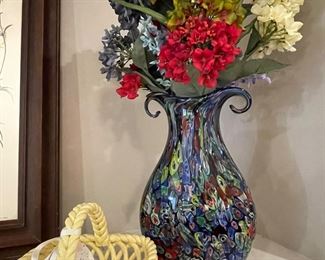 art glass vase with florals, ceramic basket