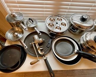 cast iron skillets, stainless pots and pans