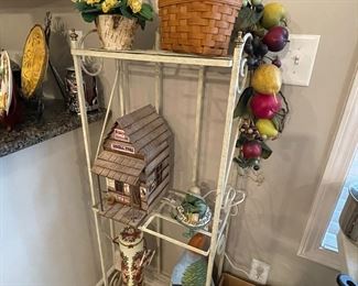 small metal baker's rack, Longaberger baskets, bird houses