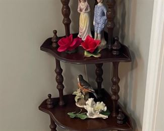 corner knick knack shelf, porcelain flowers, porcelain figurines