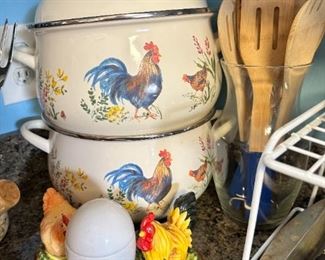 Paula Deen  pots, lots of Rooster décor 