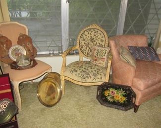 Pawley chairs, tole and silver trays, 