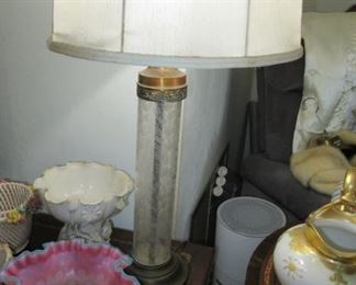 Pawley etched glass lamp with crested Fenton Bowl