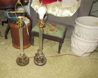 Pawley lamps, foot stool, leather basket, plant pots