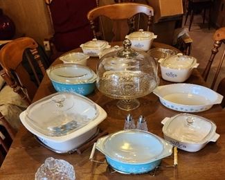 Heywood Wakefield table and chairs with pyrex and corning ware