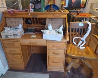 Get organized with this roll top  desk and vintage oak desk chair