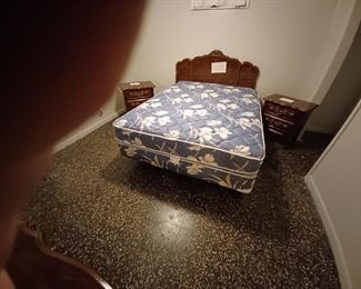 Part of  a bedroom set with queen sz mattress and box springs and headboard.  Very clean, hardly  used  $75.00 for set. Vanity dresser with mirror and 2 bedside tables