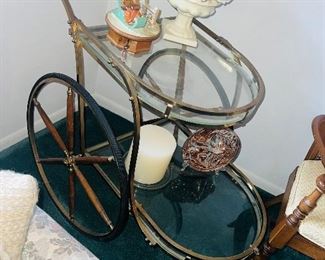 Antique Glass & Metal Tea cart with Wooden Wheels 