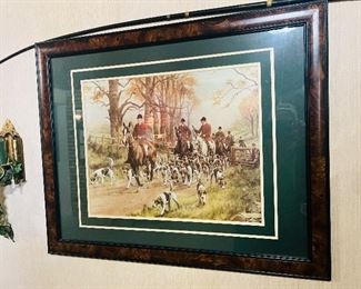 Fox Hunting Framed Art & Leather Whip 