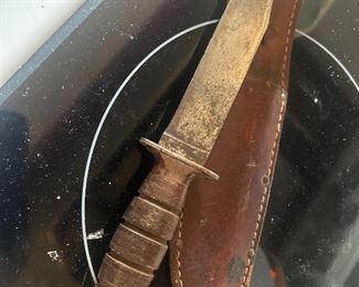Leather washer combat style knife with sheath 