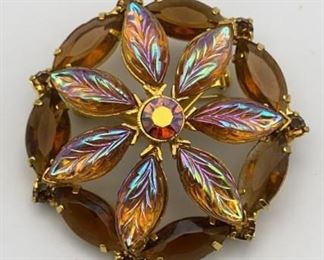 Vintage Brooch Pin Amber Rhinestone Flower