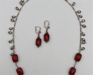 Sterling 925 Red Glass Pearl Necklace Earring Set