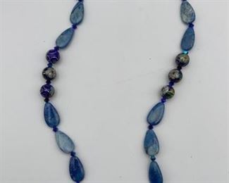 Blue Stone & Cloisonné Bead Necklace GF Clasp
